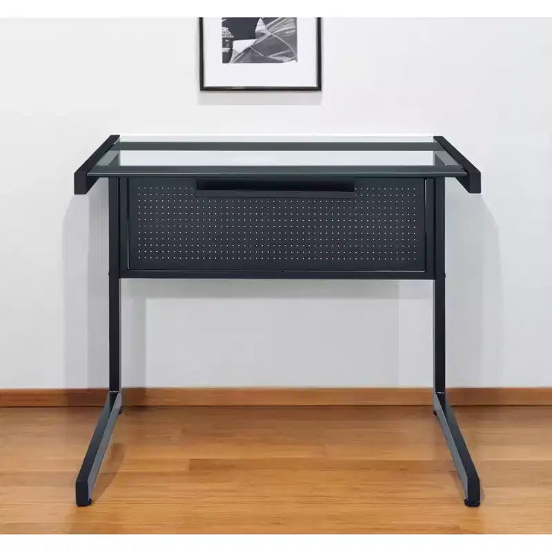 Bureau d'écriture 33" en verre transparent et noir avec cadre en acier inoxydable