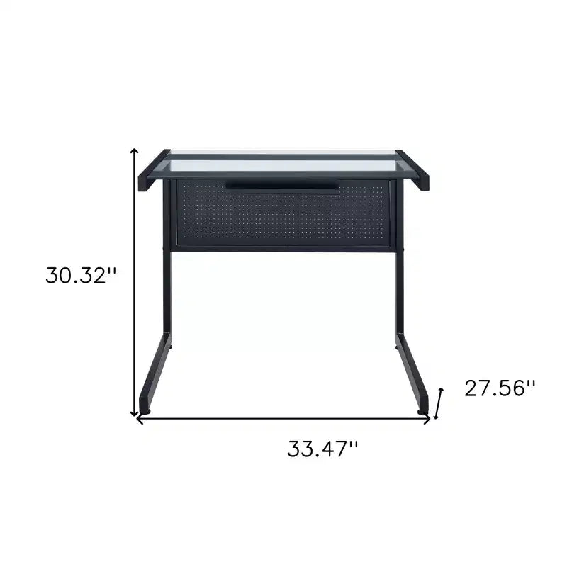 Bureau d'écriture 33" en verre transparent et noir avec cadre en acier inoxydable