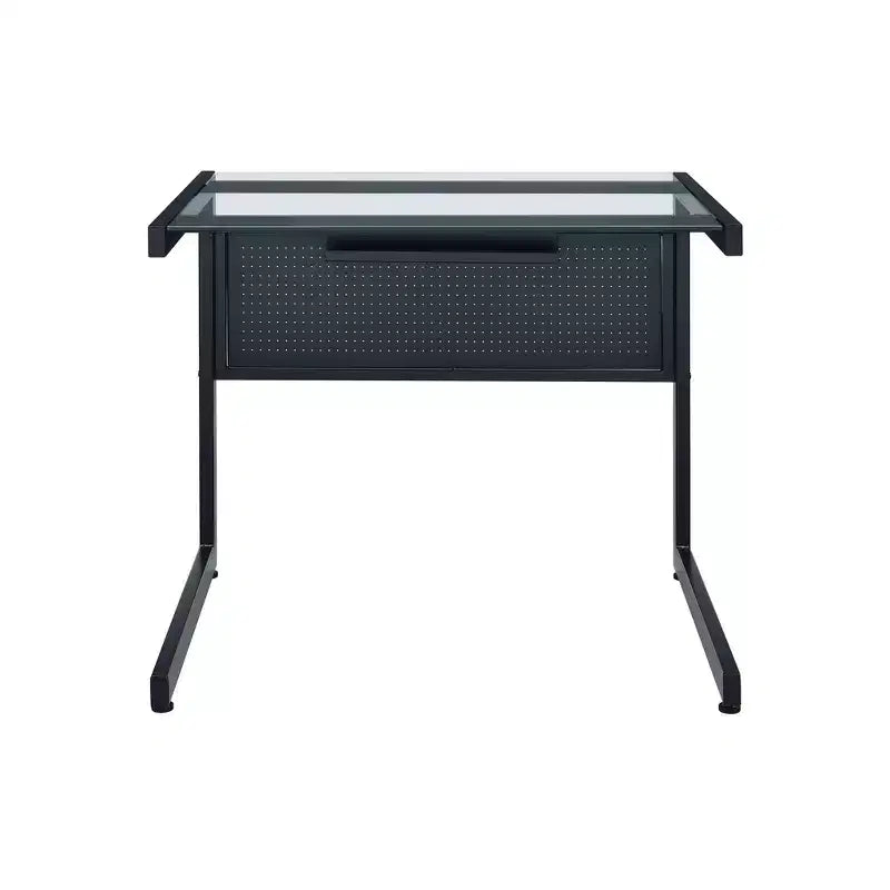 Bureau d'écriture 33" en verre transparent et noir avec cadre en acier inoxydable