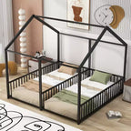 Lit cabane double en métal pour 2 enfants, lits superposés à plateforme avec barrières pour filles et garçons