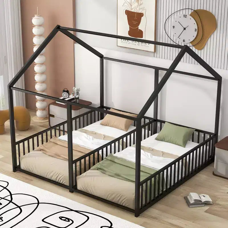 Lit cabane double en métal pour 2 enfants, lits superposés à plateforme avec barrières pour filles et garçons