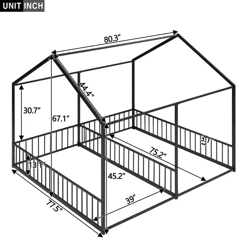 Lit cabane double en métal pour 2 enfants, lits superposés à plateforme avec barrières pour filles et garçons