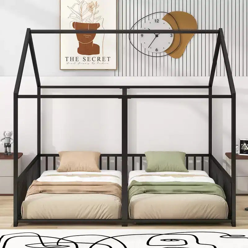 Lit cabane double en métal pour 2 enfants, lits superposés à plateforme avec barrières pour filles et garçons