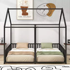 Lit cabane double en métal pour 2 enfants, lits superposés à plateforme avec barrières pour filles et garçons