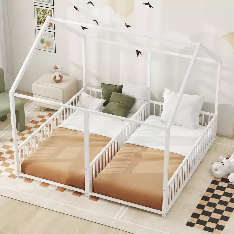 Lit cabane double en métal pour 2 enfants, lits superposés à plateforme avec barrières pour filles et garçons