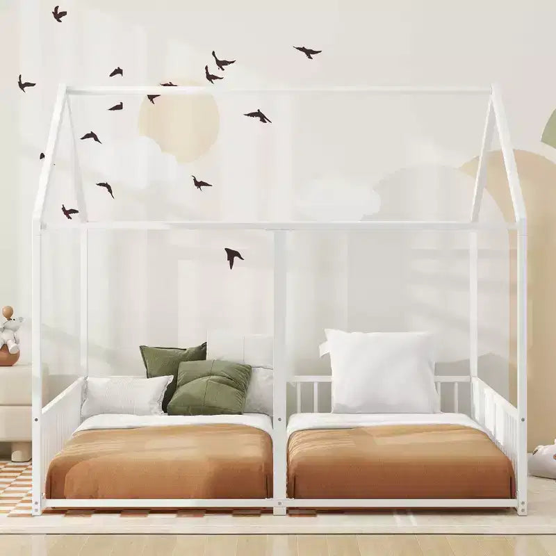 Lit cabane double en métal pour 2 enfants, lits superposés à plateforme avec barrières pour filles et garçons