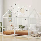 Metal Twin Size House Bed for 2 Kids, Double Floor Platform Beds Frame with Rails for Girls Boys