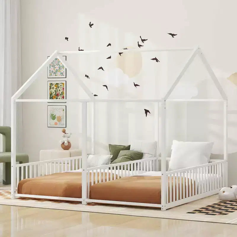 Metal Twin Size House Bed for 2 Kids, Double Floor Platform Beds Frame with Rails for Girls Boys