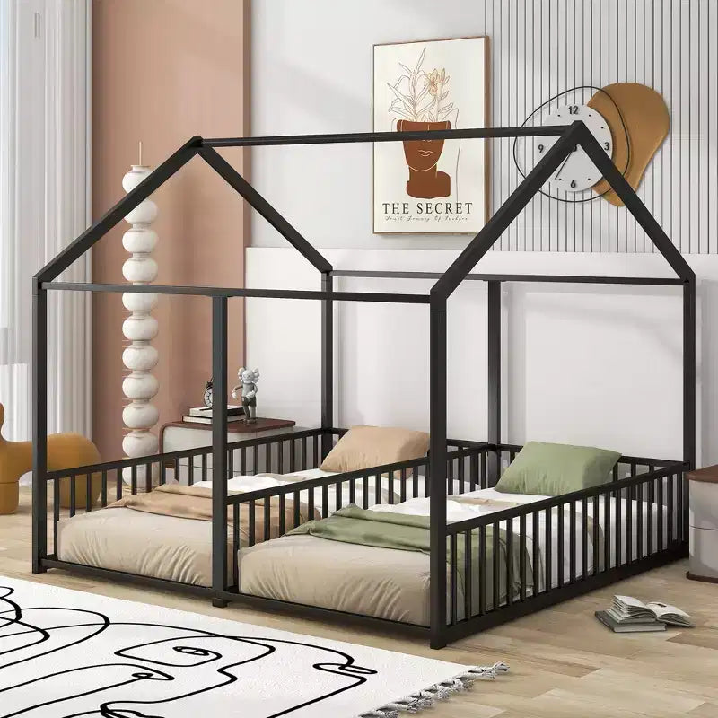 Lit cabane double en métal pour 2 enfants, lits superposés à plateforme avec barrières pour filles et garçons