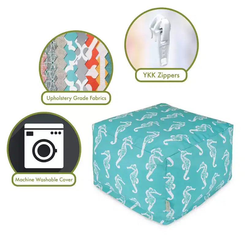 Pouf ottoman à motif hippocampe – Base en bois, Tissu polyester