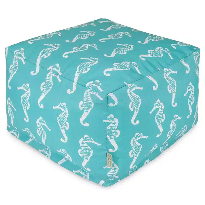 Pouf ottoman à motif hippocampe – Base en bois, Tissu polyester