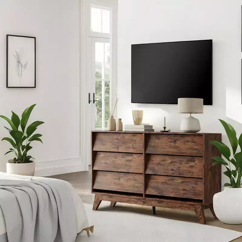 Commode à 6 tiroirs, commode vintage avec design biseauté, meuble TV de commode moderne pour chambre à coucher, salon, entrée et placard