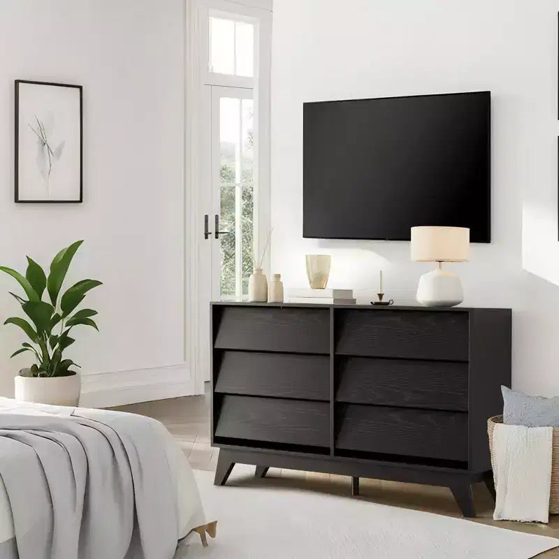 Commode à 6 tiroirs, commode vintage avec design biseauté, meuble TV de commode moderne pour chambre à coucher, salon, entrée et placard
