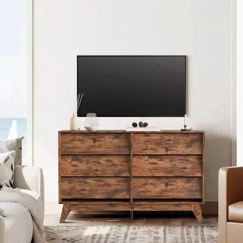Commode à 6 tiroirs, commode vintage avec design biseauté, meuble TV de commode moderne pour chambre à coucher, salon, entrée et placard