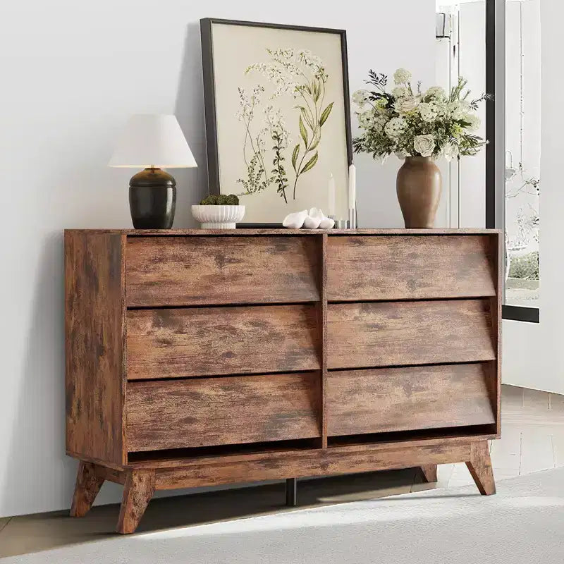 Commode à 6 tiroirs, commode vintage avec design biseauté, meuble TV de commode moderne pour chambre à coucher, salon, entrée et placard