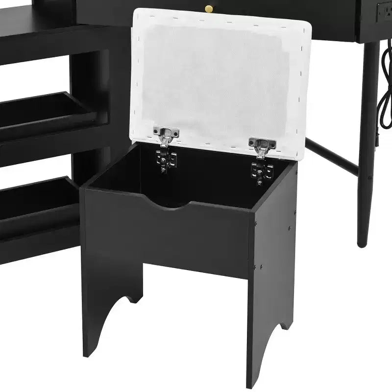 Coiffeuse d'angle avec tabouret rembourré, station de recharge et meuble coulissant
