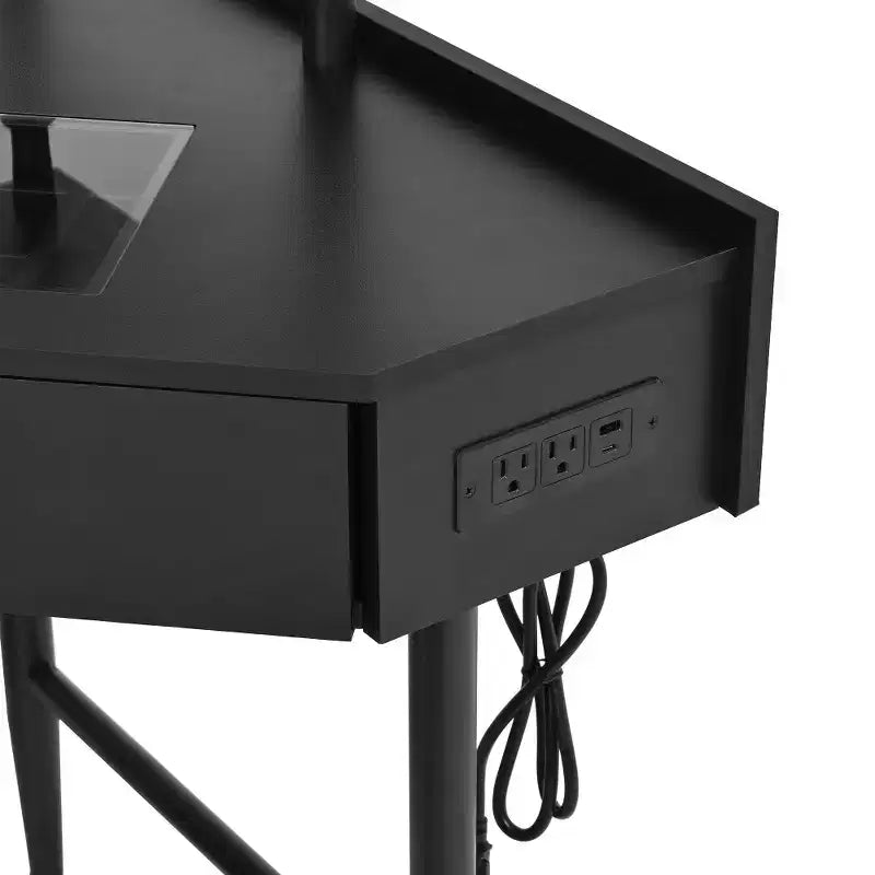 Coiffeuse d'angle avec tabouret rembourré, station de recharge et meuble coulissant