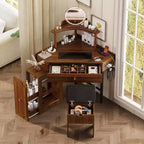 Coiffeuse d'angle avec tabouret rembourré, station de recharge et meuble coulissant