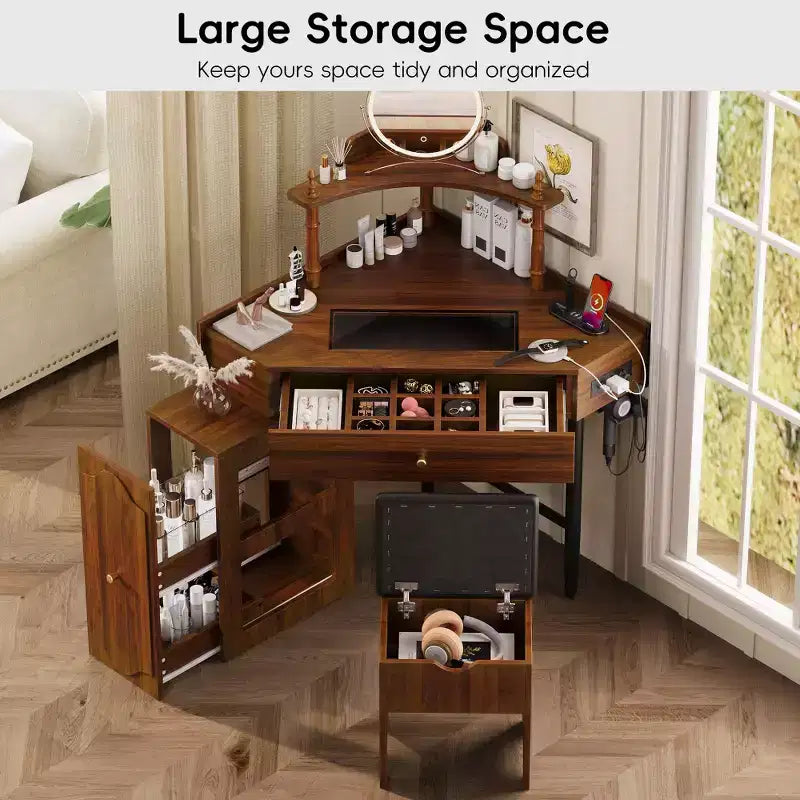 Coiffeuse d'angle avec tabouret rembourré, station de recharge et meuble coulissant