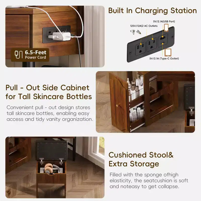 Coiffeuse d'angle avec tabouret rembourré, station de recharge et meuble coulissant