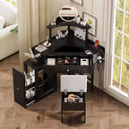 Coiffeuse d'angle avec tabouret rembourré, station de recharge et meuble coulissant