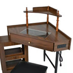 Coiffeuse d'angle avec tabouret rembourré, station de recharge et meuble coulissant