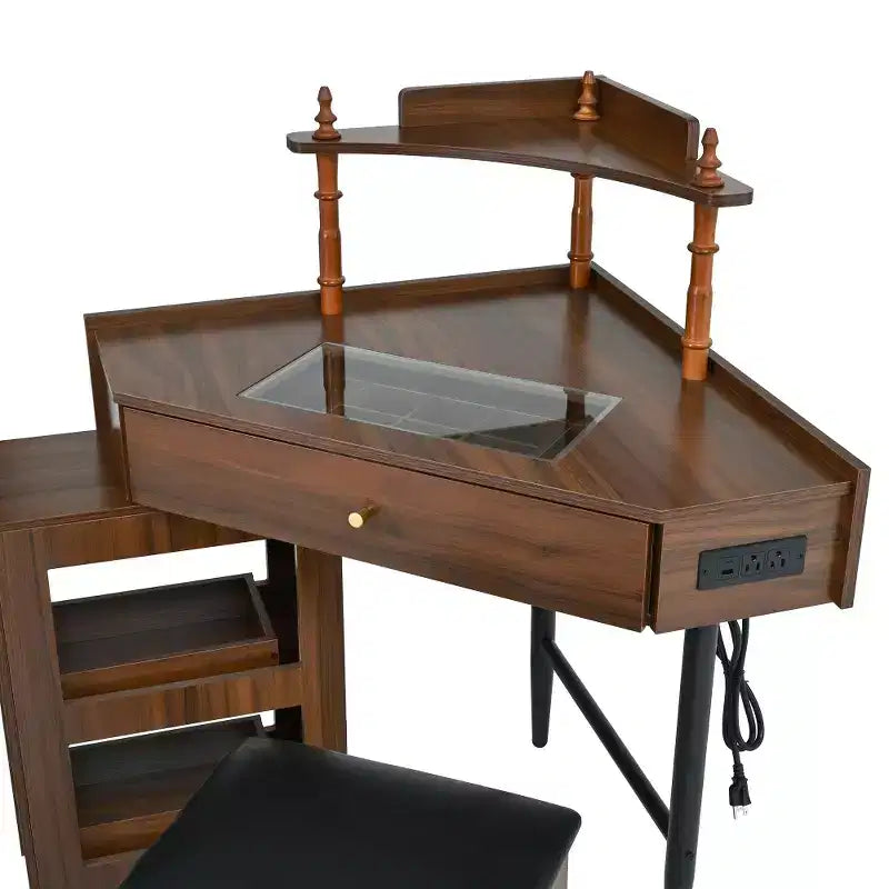 Coiffeuse d'angle avec tabouret rembourré, station de recharge et meuble coulissant