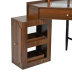 Coiffeuse d'angle avec tabouret rembourré, station de recharge et meuble coulissant