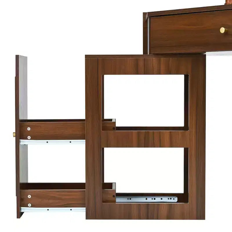Coiffeuse d'angle avec tabouret rembourré, station de recharge et meuble coulissant