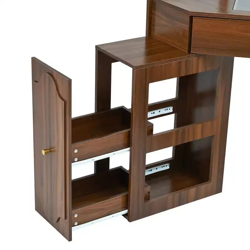 Coiffeuse d'angle avec tabouret rembourré, station de recharge et meuble coulissant