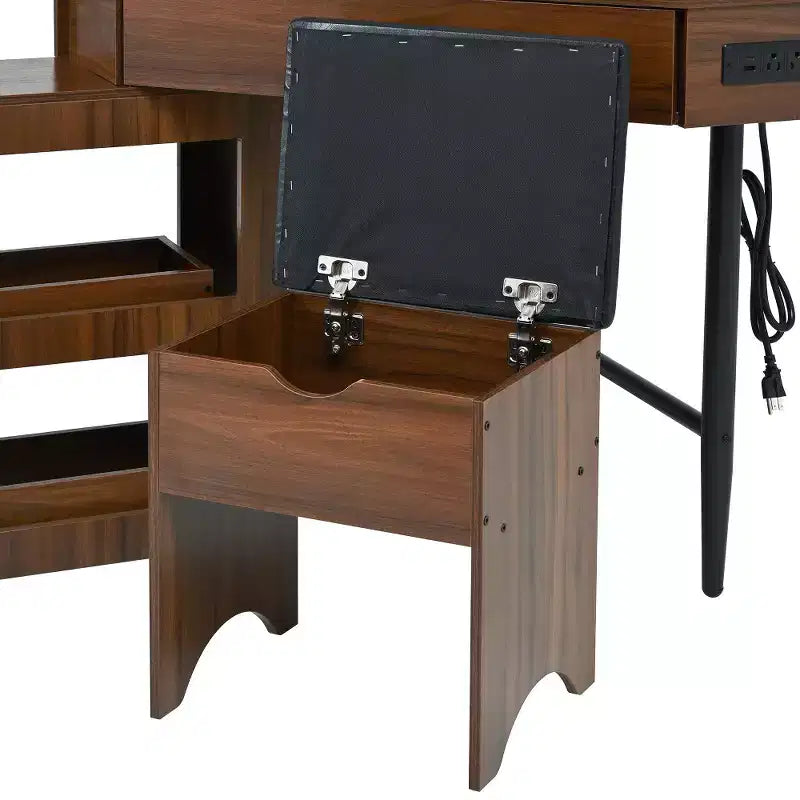 Coiffeuse d'angle avec tabouret rembourré, station de recharge et meuble coulissant