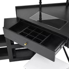 Coiffeuse d'angle avec tabouret rembourré, station de recharge et meuble coulissant