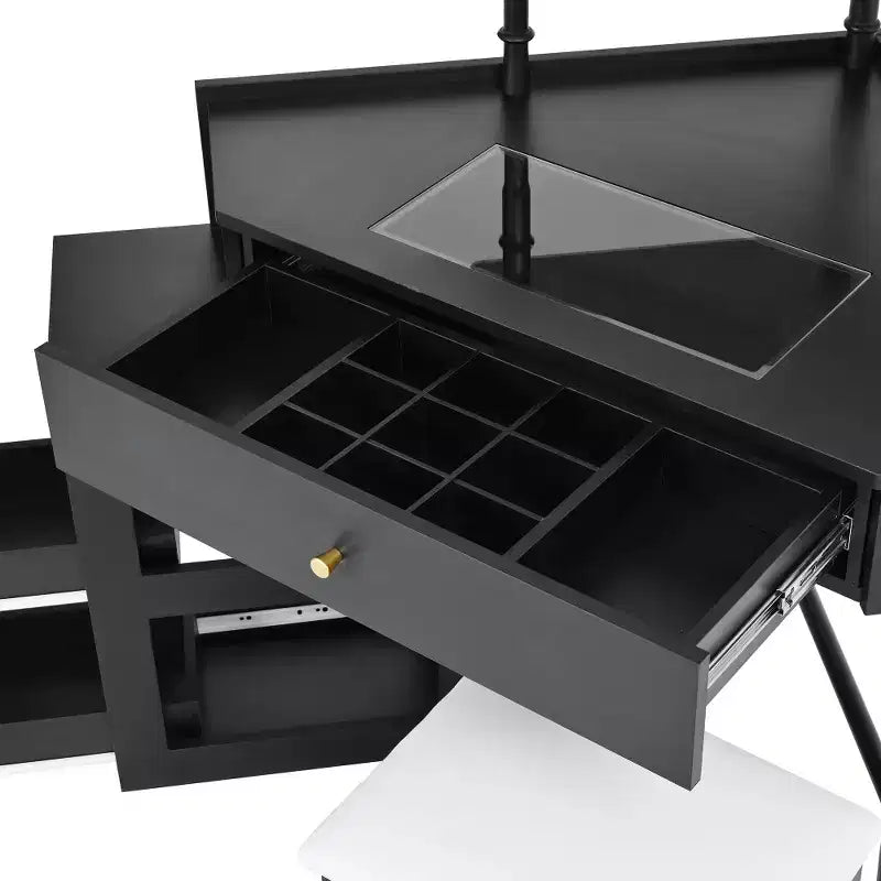 Coiffeuse d'angle avec tabouret rembourré, station de recharge et meuble coulissant