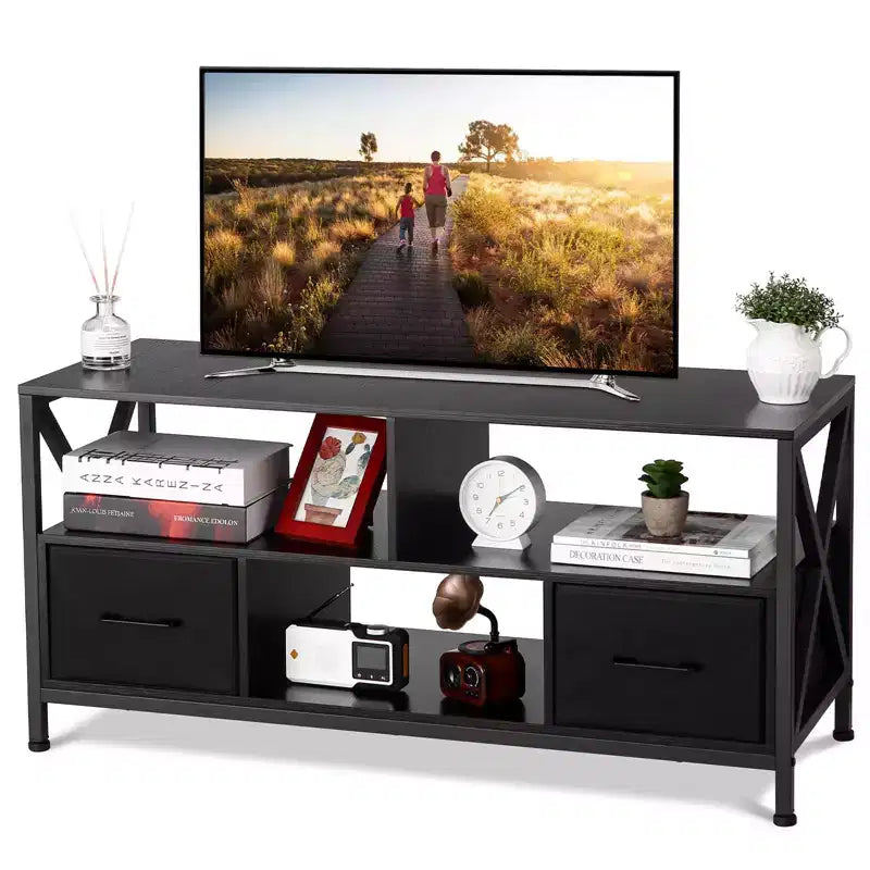 Mid-Century Modern TV Stand for TVs up to 65 inches, Entertainment Console with Sliding Doors, Storage & Cord Management System