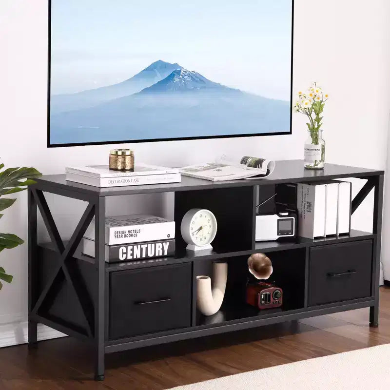 Meuble TV Mid-Century Modern pour téléviseurs jusqu'à 65 pouces, console de divertissement avec portes coulissantes, rangement et système de gestion des câbles
