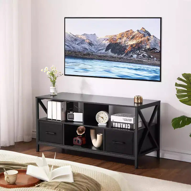 Meuble TV Mid-Century Modern pour téléviseurs jusqu'à 65 pouces, console de divertissement avec portes coulissantes, rangement et système de gestion des câbles