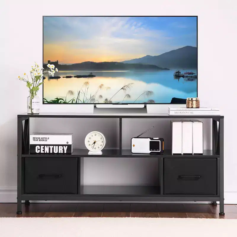 Meuble TV Mid-Century Modern pour téléviseurs jusqu'à 65 pouces, console de divertissement avec portes coulissantes, rangement et système de gestion des câbles