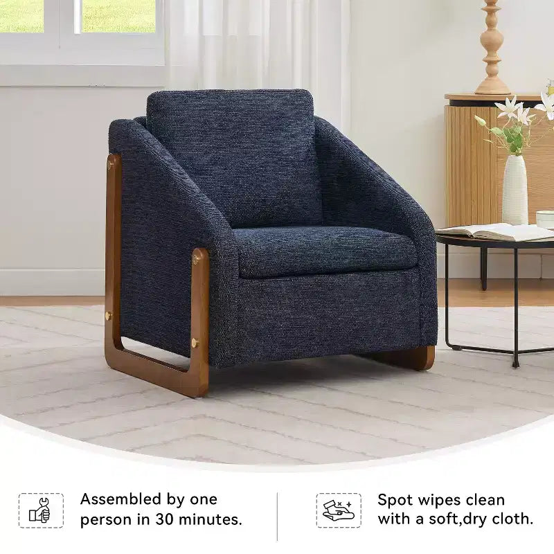Fauteuil d'appoint en chenille avec cadre en bois – Bleu marine