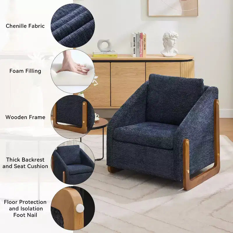 Fauteuil d'appoint en chenille avec cadre en bois – Bleu marine