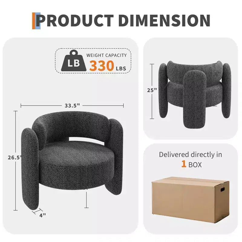 Fauteuil d'appoint moderne en chenille Rembourrage de style Mid-Century, coins arrondis pour salon, chambre, bureau ou café