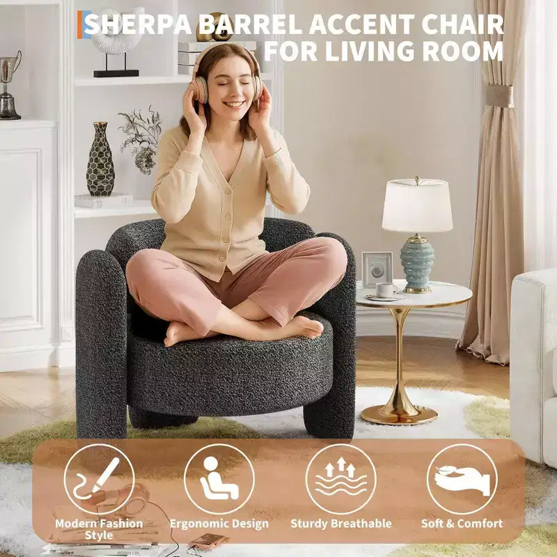 Fauteuil d'appoint moderne en chenille Rembourrage de style Mid-Century, coins arrondis pour salon, chambre, bureau ou café