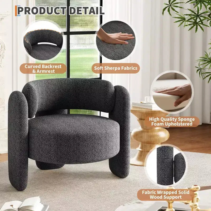 Fauteuil d'appoint moderne en chenille Rembourrage de style Mid-Century, coins arrondis pour salon, chambre, bureau ou café