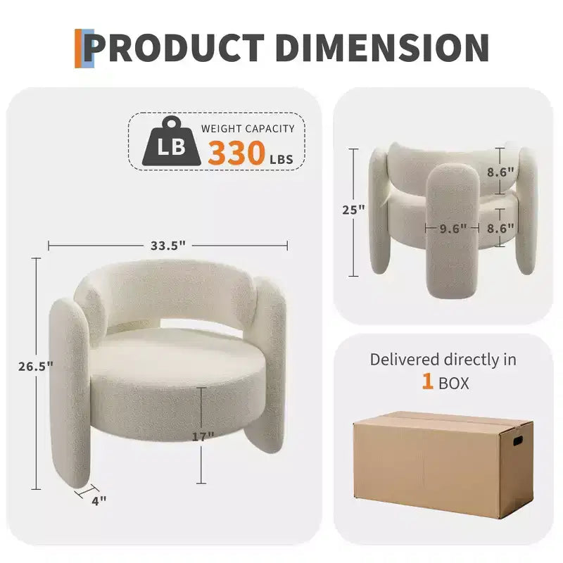 Fauteuil d'appoint moderne en chenille Rembourrage de style Mid-Century, coins arrondis pour salon, chambre, bureau ou café