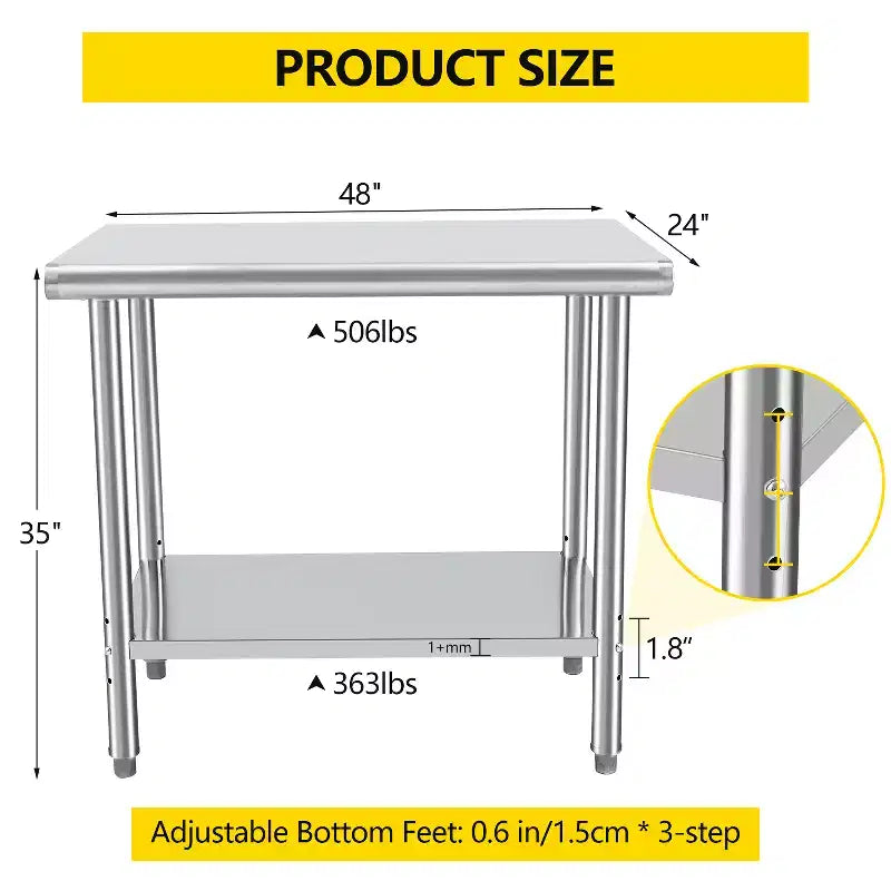 Table de préparation en acier inoxydable, 48 x 24 pouces, table de travail et de préparation de cuisine commerciale avec étagère inférieure réglable, plan de travail en métal, avec dosseret