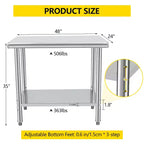 Table de préparation en acier inoxydable, 48 x 24 pouces, table de travail et de préparation de cuisine commerciale avec étagère inférieure réglable, plan de travail en métal, avec dosseret