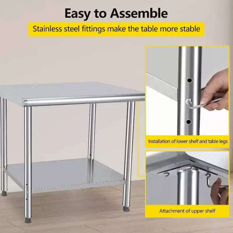 Table de préparation en acier inoxydable, 48 x 24 pouces, table de travail et de préparation de cuisine commerciale avec étagère inférieure réglable, plan de travail en métal, avec dosseret
