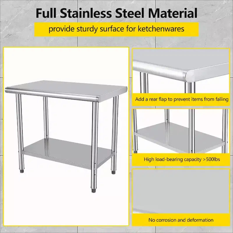 Table de préparation en acier inoxydable, 48 x 24 pouces, table de travail et de préparation de cuisine commerciale avec étagère inférieure réglable, plan de travail en métal, avec dosseret