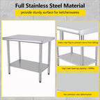 Table de préparation en acier inoxydable, 48 x 24 pouces, table de travail et de préparation de cuisine commerciale avec étagère inférieure réglable, plan de travail en métal, avec dosseret