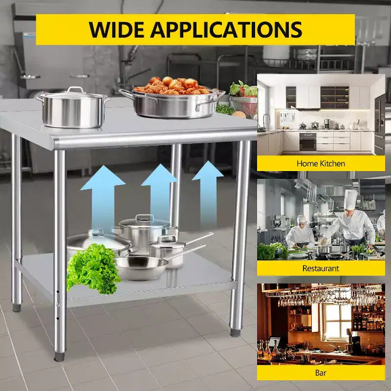 Table de préparation en acier inoxydable, 48 x 24 pouces, table de travail et de préparation de cuisine commerciale avec étagère inférieure réglable, plan de travail en métal, avec dosseret