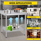 Table de préparation en acier inoxydable, 48 x 24 pouces, table de travail et de préparation de cuisine commerciale avec étagère inférieure réglable, plan de travail en métal, avec dosseret
